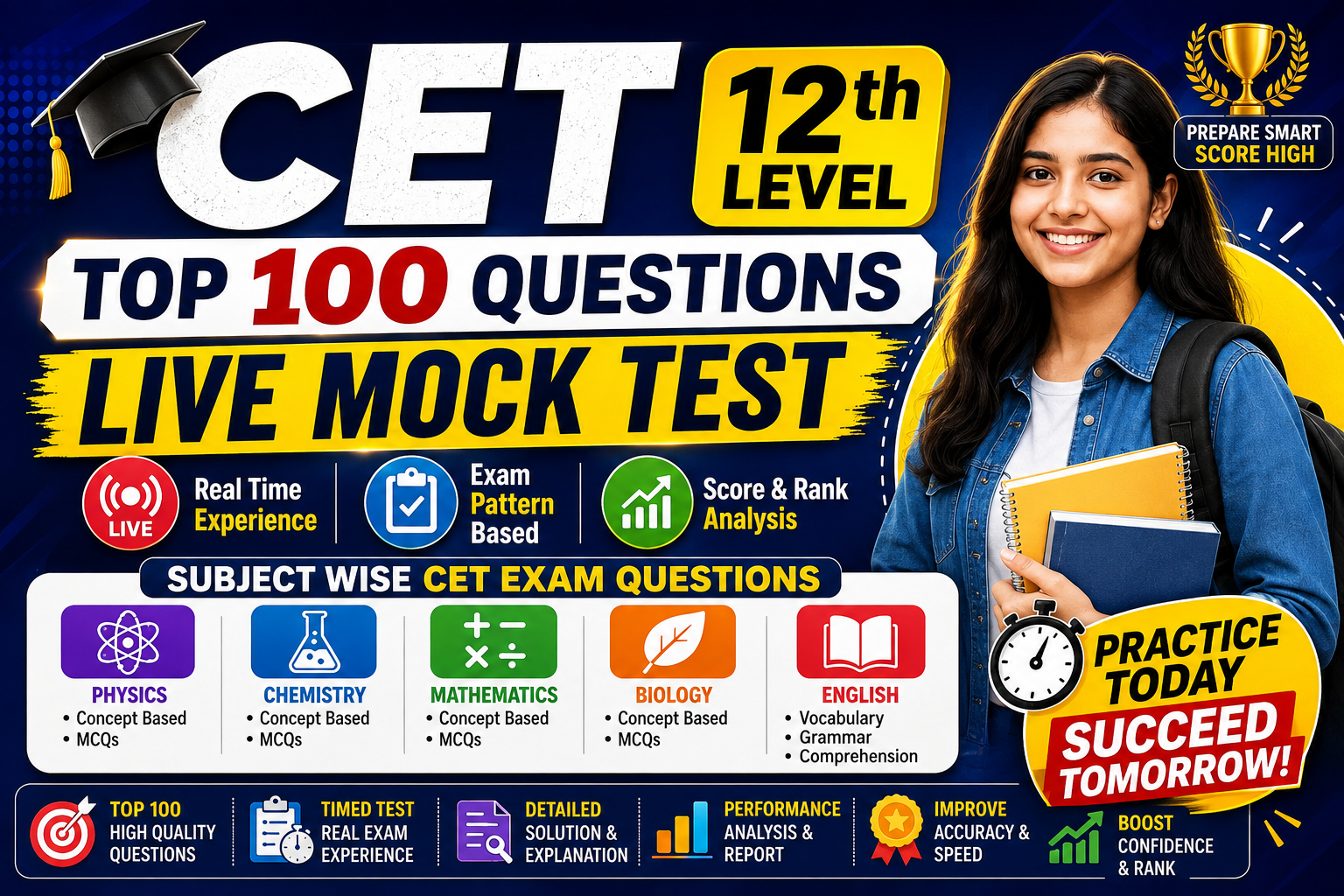 CET 12th Level: Top 100 Questions Live Mock Test , Subject wise CET Exam Questions, Full Paper